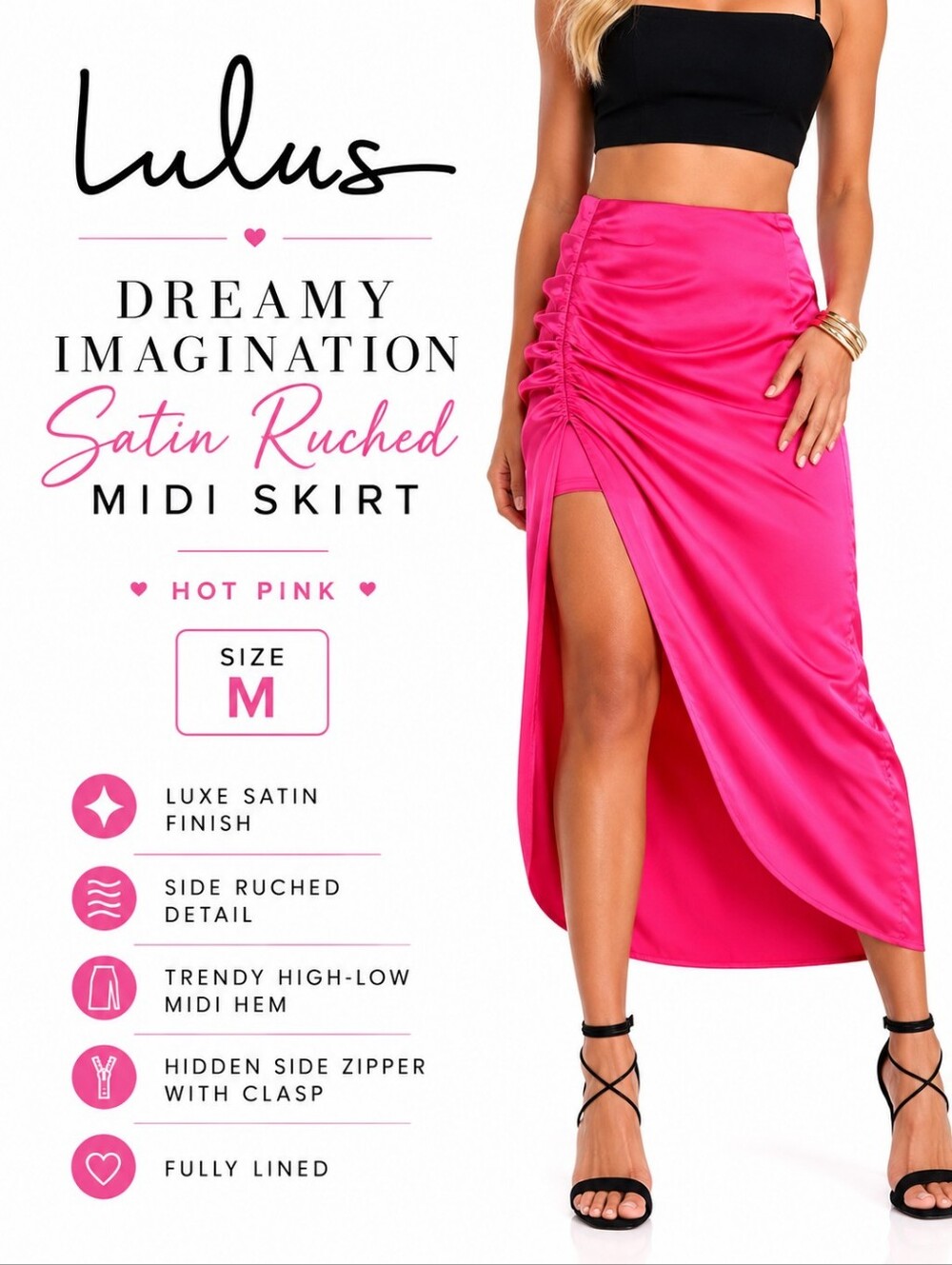 Lulus Dreamy Imagination Hot Pink Satin Ruched Midi Skirt NWT Size M